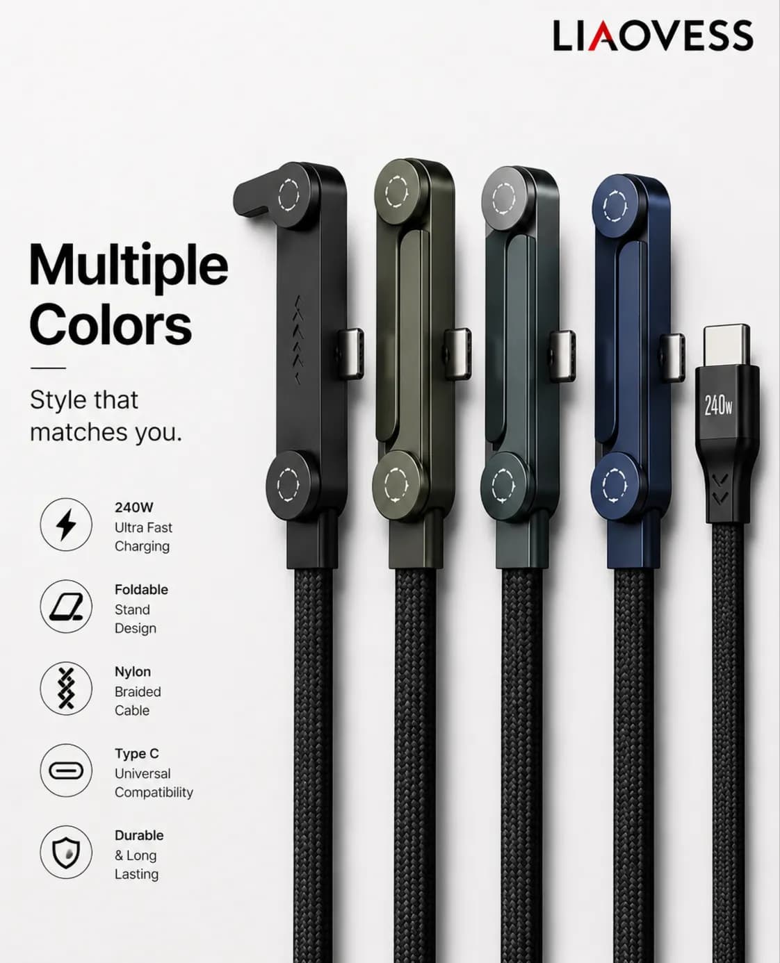 LIAOVESS 240W Foldable Stand Type-C Fast Charging Cable